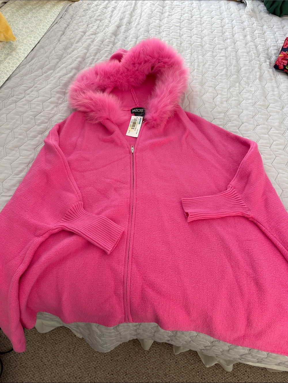 Miche Bright Pink Hooded Zip-Up Cardigan with Faux Fur Trim
